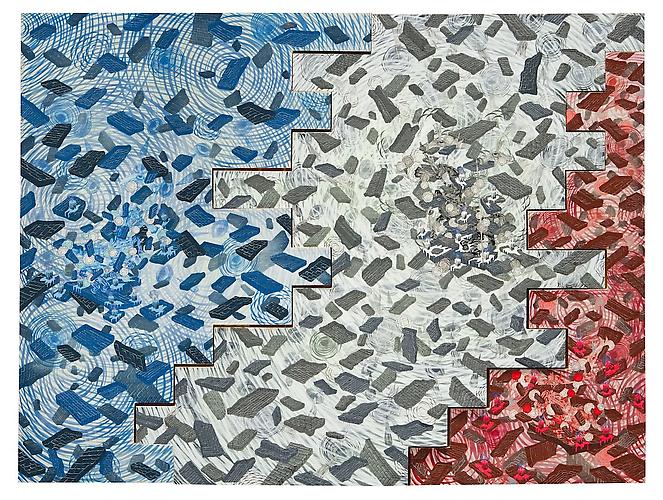 Andrew Schoultz, The Wall In Three Parts (2010 - 2011)
Acrylic And Gold Leaf On 3 Unique Wood Panels
72h x 96w in (182.88h x 243.84w cm)