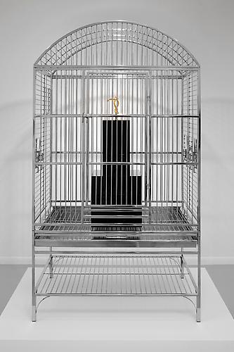 James Lee Byars’ Hook
2010
Stainless steel birdcage, gold-plated stainless steel arm hook, black acrylic
61 x 34 x 24 inches