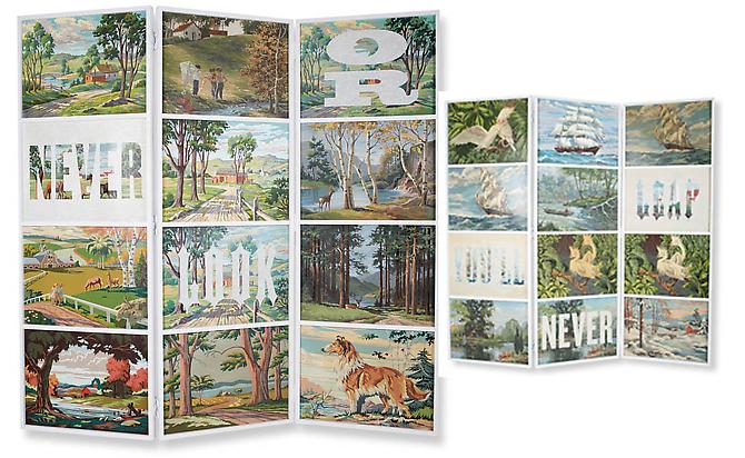 Never Look or You'll Never Leap, 2006.
Acrylic on vintage paint-by-number panels, vintage paint-by-number panels in artist-designed folding screen, 75 x 75 inches.
