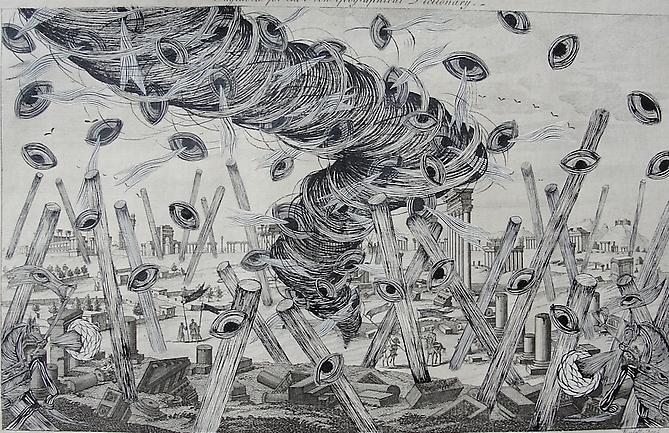 Andrew Schoultz, Revisiting Ancient Ruins (1692-2011)
Acrylic On Antique Copper Plate Etching
12h x 16w in (30.48h x 40.64w cm)
