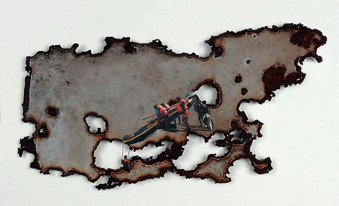 Down In It, 2009
Collage on metal
9 x 18.5 inches
