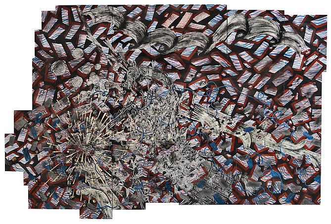 Andrew Schoultz, Exploding Wall  (2010-2011)
Acrylic, Gold Leaf, Metal Flake, Collage On 35 Wooden Panels
90h x 136w in (228.6h x 345.44w cm)