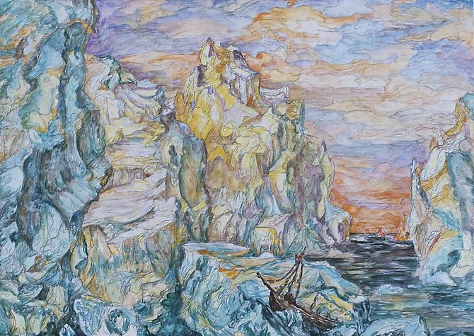 Kysa Johnson: blow up 149 - the molecular structure of environmental pollutants ethane, methane, propane, benzene, hexane and acrolein after Church's Icebergs and Wreck in Sunset (2011)
Watercolor, Graphite On Panel 
12h x 17w in (30.48h x 43.18w cm)