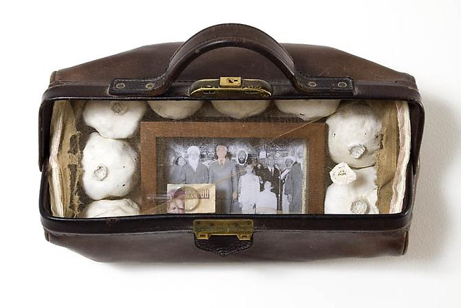 Aylene Fallah
Gathering Time and Change   2009
Dried pomegranate, fabric, photo, text, Iranian currency, glass
16 x 8 x 6 in