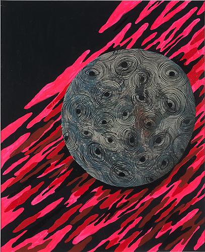 Andrew Schoultz, Rolling Earth (2011)
Acrylic And Gouache On Antique Book Page From 1968
16h x 12w in (40.64h x 30.48w cm)