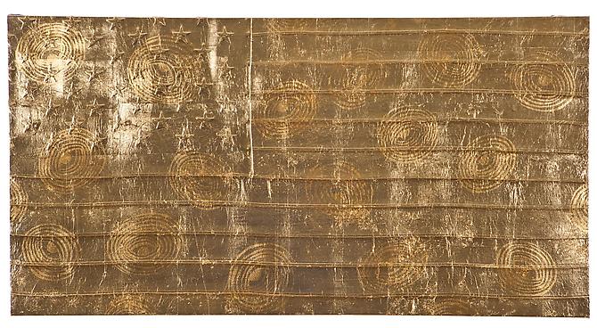 Andrew Schoultz, Stars and Bars (2011)
 Gold Leaf And Varnish On Stretched Cotton American Flag Over Panel
26h x 50w in (66.04h x 127w cm)