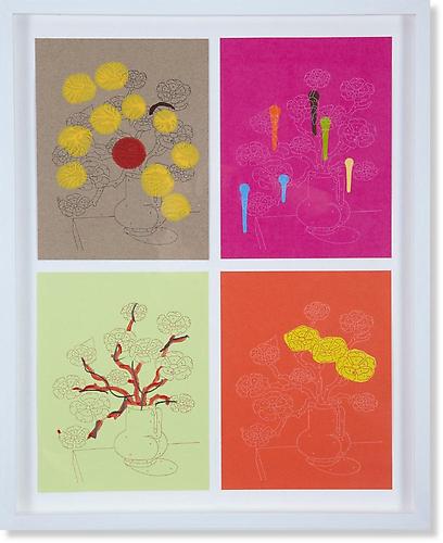 111 REASONS TO LOVE YOU (#22. Exciting).
2007, 7 x 9 inches each, 4 unique monoprints, 
letterpress, mixed media on paper. 21 x 17 inches framed.
Series of 111 sets. $500 unframed, $650 framed. 
Other sets available.