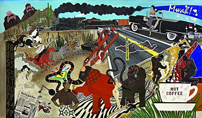 Hot Coffee, 2010
acrylic and vintage silk on canvas
119 x 204 inches