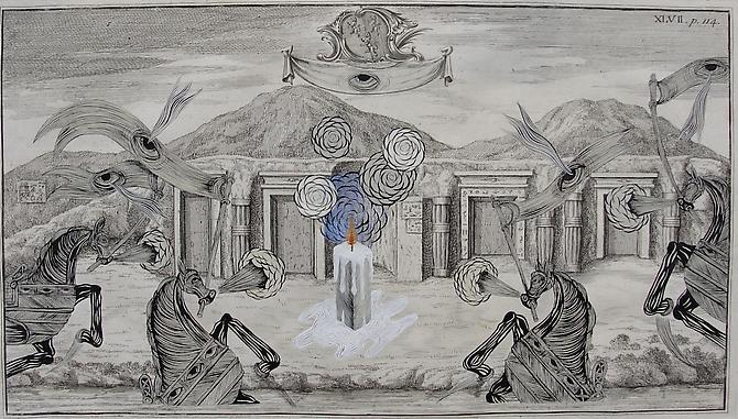 Andrew Schoultz, Tombs of the Unknown (1718-2011)
Acrylic On Antique Copper Plate Etching
12h x 16w in (30.48w cm x 40.64h)