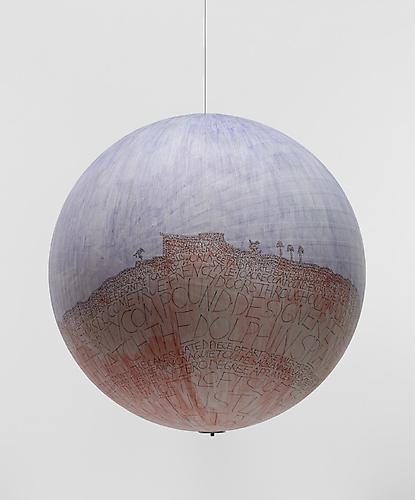 Russel Crotty: Watch The Dolphins Play (2007)
Ink And Watercolor On Paper On Fiberglass Sphere 
24h x 24w x 24d in (60.96h x 60.96w x 60.96d cm)