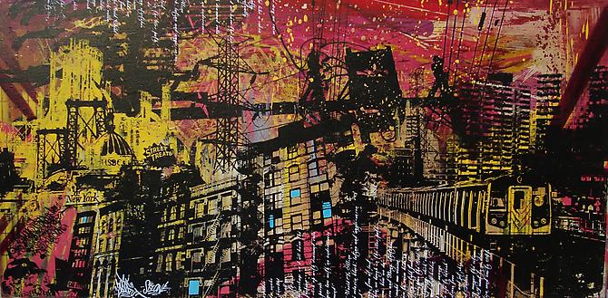 UR NEW YORK, Street Treats, 2010.
Acrylic, spray paint, screen print, polyurethane and hand embellishments, 24 x 48 inches.