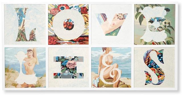 Love Lies (Lovelies), 2006.
Acrylic paint on vintage paint-by-numbers panels in artists frame, 25 3/5 x 49 1/2 inches.
