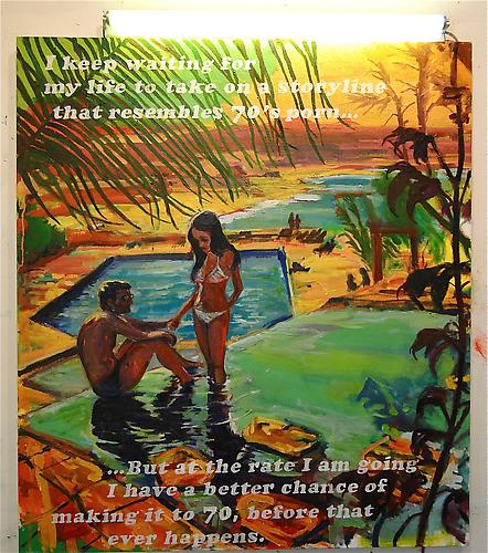  70's Porn , 2012
Oil on canvas, light fixture, bulb, gel
57 x 48 inches