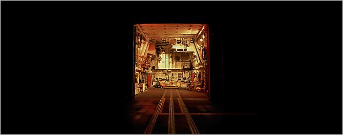 EMPTY SEA KING HELLICOPTER HANGAR ABOARD HMCS TORONTO, NORTH AMERICA | LIGHTJET PRINT | 60 X 23.5 INCHES | 2005

SURVEY: IMAGES FROM CANADIAN FORCES ARTIST PROGRAM | INSTALLATION VIEW | 2008 | SEE CURATOR'S STATEMENT BELOW BY CHANTAL ROUSSEAU