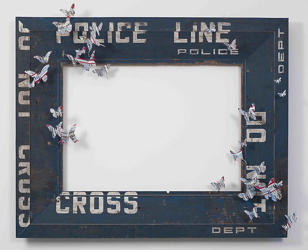 Paul Villinski, Landscape (2011)
Wood (police Line Barrier), Aluminum (found Beer Cans), Wire
41h x 49.5w x 9d in (104.14h x 125.73w x 22.86d cm)