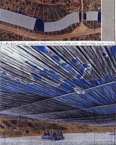 Christo and Jeanne-Claude (Photo: Wolfgang Volz)
Over The River, Project for Arkansas River, State of Colorado, 2008
Pencil, fabric, twine, pastel, wax crayon, charcoal, enamel paint, aerial photograph with topographic elevations and fabric sample
12 x 30 ½ inches and 26 ¼ x 30 ½ inches