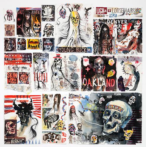 BRAD KAHLHAMER
Ugh Jr. + Loose Hairs USA, 2009
Watercolor ink on various papers
84 x 84 inches