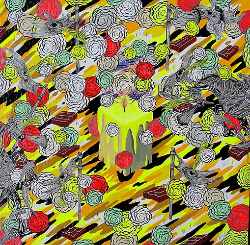 Andrew Schoultz, Melting Candle (Yellow) (2010/2011)
Acrylic On Wood Panel
14h x 14w in (35.56h x 35.56w cm)