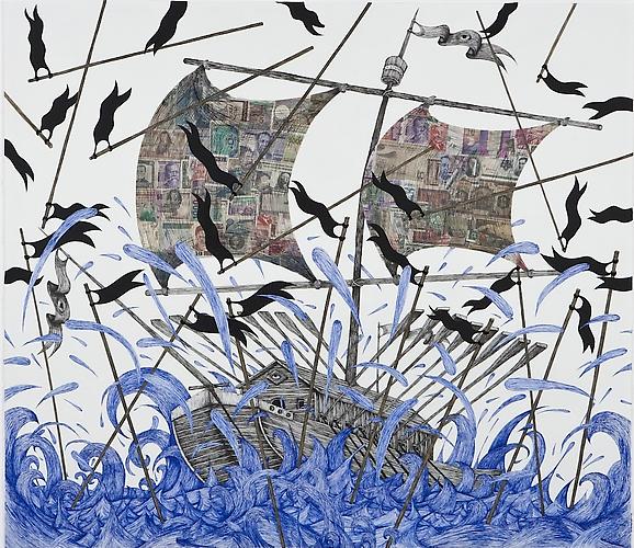 Andrew Schoultz, Black Flag Storm (2011)
Ink, Acrylic And Collage On Paper
48h x 60w in (121.92h x 152.4w cm)