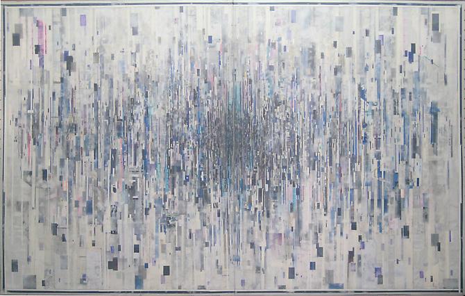 Atlas 2 (2012)
Oil, enamel, acrylic, ink, lithorgraph, inkjet, vinyl, tape, paper, PVA, Mylar on canvas
90h x 140w in (228.6h x 355.6w cm)