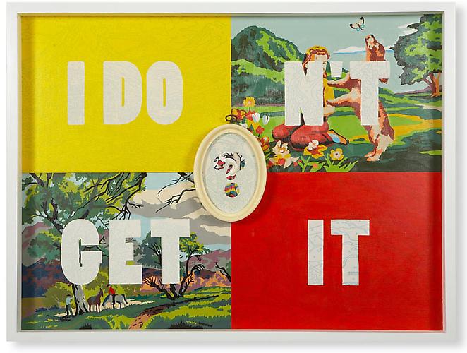 I Don't Get It, 2007.
Acrylic on vintage paint-by-number panels, vintage paint-by-number panels, vintage molded plastic frame, 26 x 38 inches.