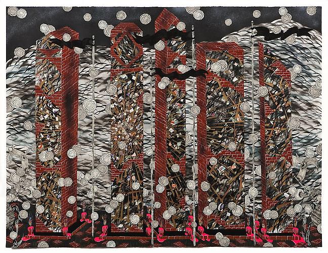 Andrew Schoultz, 5 Reflective Pillars (2011)
Acrylic, Collage, Gold Leaf, And Gouache On Paper
38h x 50w in (96.52h x 127w cm)