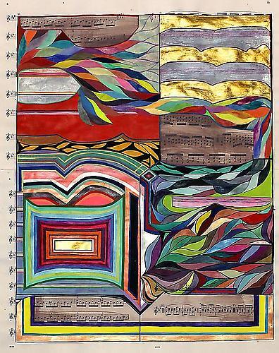 Sarah Cain: The Astral World (2011)
Gold Leaf, Acrylic, Gouache On Music Sheet
23h x 18w in (58.42h x 45.72w cm)