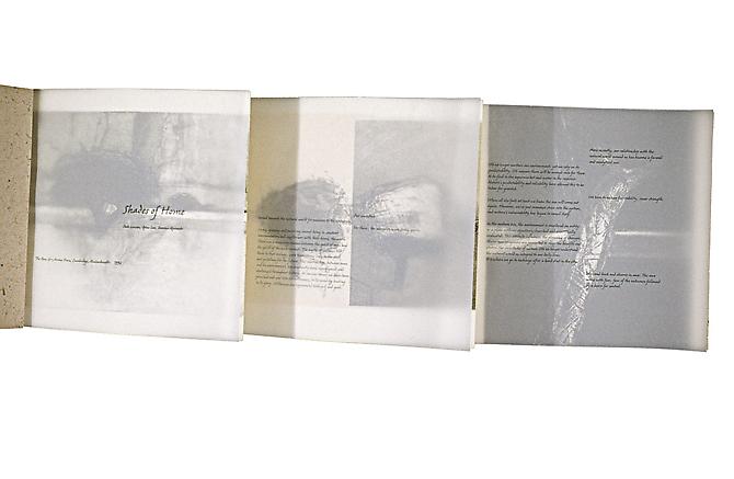 The accordion style book is 7 7/8" x 6 3/8" and contains 12 pages, printed on vellum, Rives Cream, and Indian handmade paper.