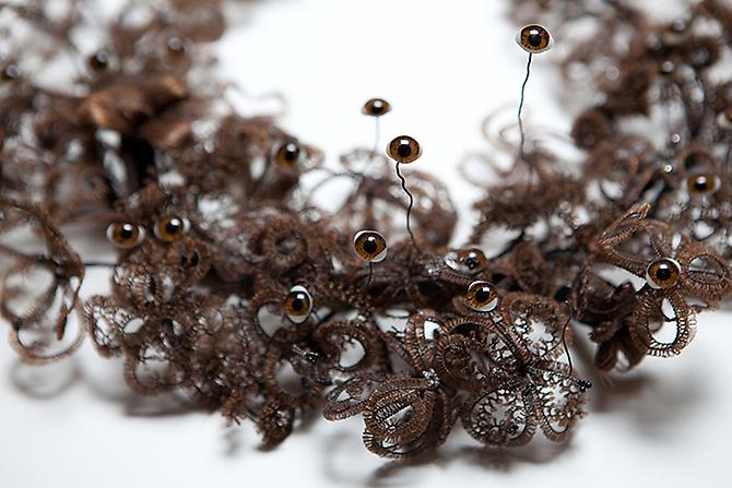 CINDY STELMACKOWICH | EYE WREATH (DETAIL) | VICTORIAN HUMAN HAIR WREATH, METAL WIRE, GLASS TAXIDERMY EYES | 29 X 26 X 9 CM | 2011

IMAGE: RÉMI THÉRIAULT