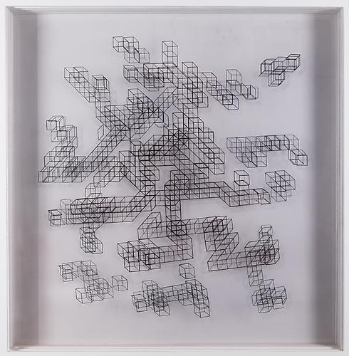 Evolution of a 2D cube into a 3D shape
Black ink on poly film stretched on five wood frames
68 x 68 x 6 inches
