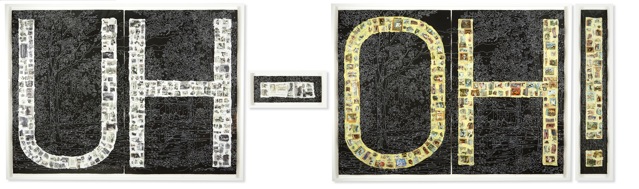 Uh-Oh!, 2007.
Silkscreen, vintage paint-by-number reproductions embedded in acrylic on paper, 44 x 188 inches.