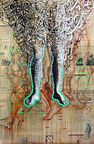 Soul Purpose (Story Teller) 2011
Charcoal, acrylic and pen on Arabic newspaper on canvas
48 x 72 in / 122 x 183 cm