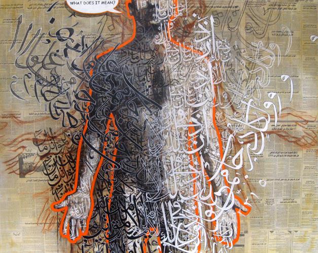What Does it Mean? (Story Teller) 2011
Charcoal, acrylic and pen on Arabic newspaper on canvas
48 x 60 in / 122 x 183 cm