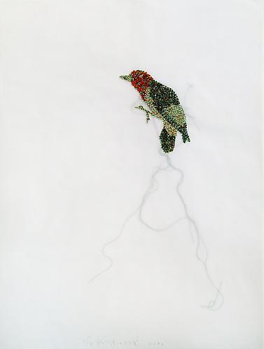 Bird, 2009
Glass beads and thread on vellum
21" x 27"