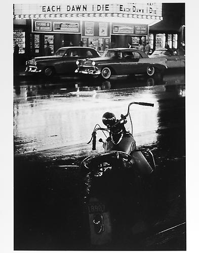 Motorcycle and "each dawn I die" sign 
mid 1950s
Gelatin Silver Print
