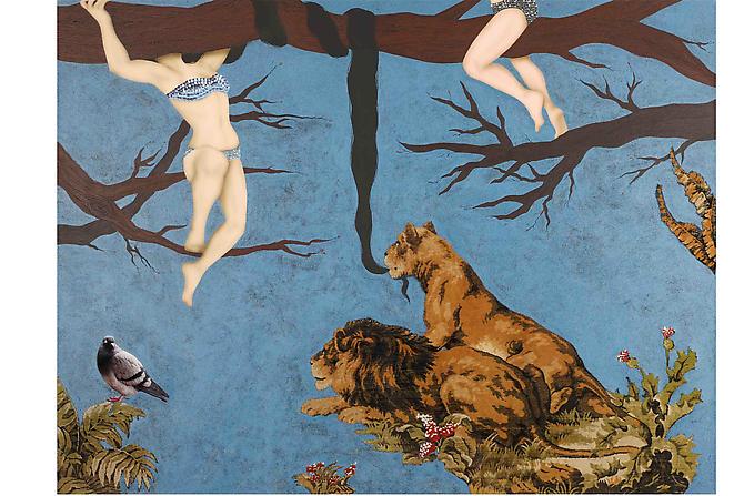 Tiger...Tiger...2 2011
Acrylic, carpet, embroidery and old carpet collage
63 x 55 in / 160 x 140 cm
