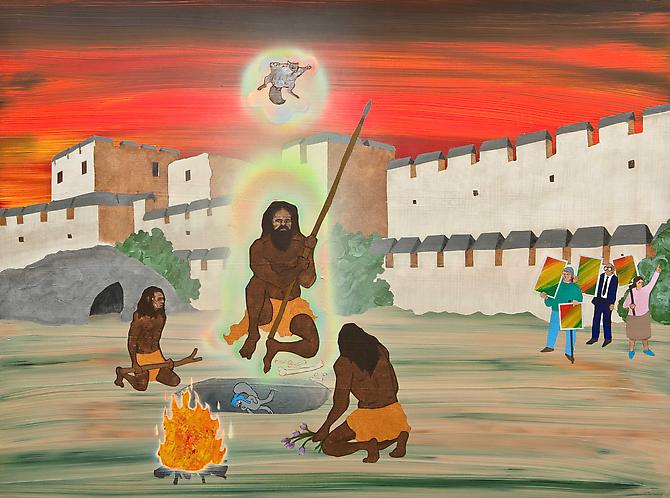 Members of the Westboro Baptist Church Protest at a Neanderthal Burial Ceremony, 2010
acrylic and spray paint on panel
36 x 48 inches