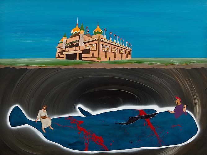Constantine XI and Jesus Await Resurrection Under the Mitchell Corn Palace, 2010  acrylic and spray paint on panel
36 x 48 inches