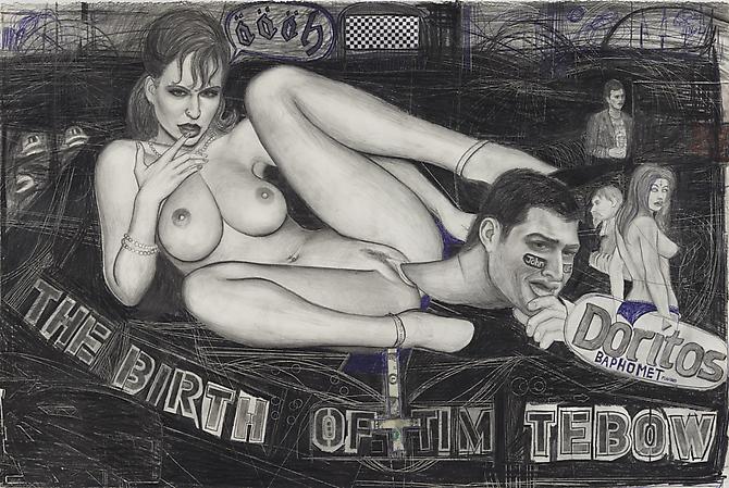 Paul Brainard
 The Birth of Tim Tebow , 2012
Pen, pencil and collage on paper
26 1/2 x 39 inches