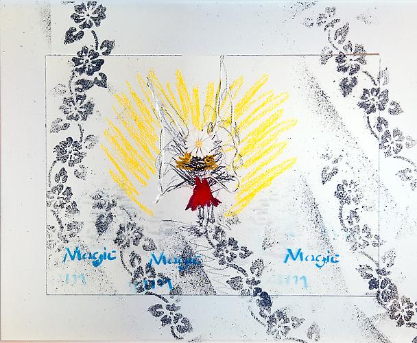 Magick 5, 2010
Charcoal, spray paint, acrylic, pastel and collage on arches paper and board
18 1/4 x 14 1/2 inches
$500