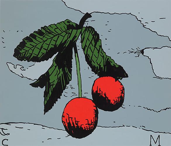 Cherries 2012,
Acrylic and Enamel on Canvas over Panel, 24 x 28 inches.