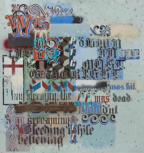 Combat, 2008-2009
oil, spray paint and alkyd resin on paper on panel
44 x 42 x 1 3/4 inches