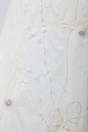  Composition for a Thin Membrane , 2012, detail, abaca, transducers, wire, original 4 channel soundtrack (12 minute loop), 68 x 18 x .25 inches (height to ceiling adjustable)