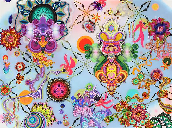 Constantly Expanding #6, 2009
Feathers, quills, mineral crystal, paper collage, acrylic, gouache, vellum, ink, color pencil, watercolor and resin
37 x 49 inches