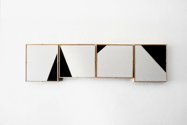  Composition No. 8 , 2012, motor oil and cotton paper in artist studio frames, 4 panels, 13.3 x 11.8 inches each, 13.3 x 50.7 inches overall