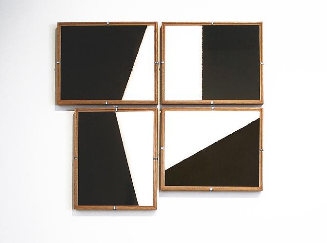  Composition No. 18 , 2013, motor oil and cotton paper in artist studio frames, 4 panels, 24.5 x 26.5 inches overall, 11 x 13 inches each