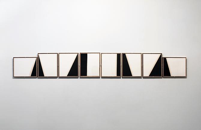  Composition No. 20 , 2013, cotton paper, motor oil, and artist studio frames, 8 panels, 104.75 x 13.75 inches total, 13.75 x 11.78 inches each