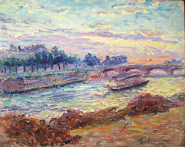 Quai des Tuileries, Paris
Oil on panel, 8 1/2 x 10 3/4 inches
Signed lower right: Dambourgez