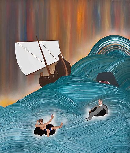 Franco and Deitch are Thrown from a Phoenician Ship, 2011
acrylic and enamel on panel
35 x 42 inches