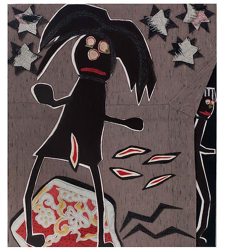 Flying Pussy, 2010
vintage kimono silk on canvas
18 x 16 inches
